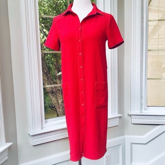 Racheal Parcell Red Short Sleeve Button Front Collared Everyday Shirt Dress S - Picture 5 of 16